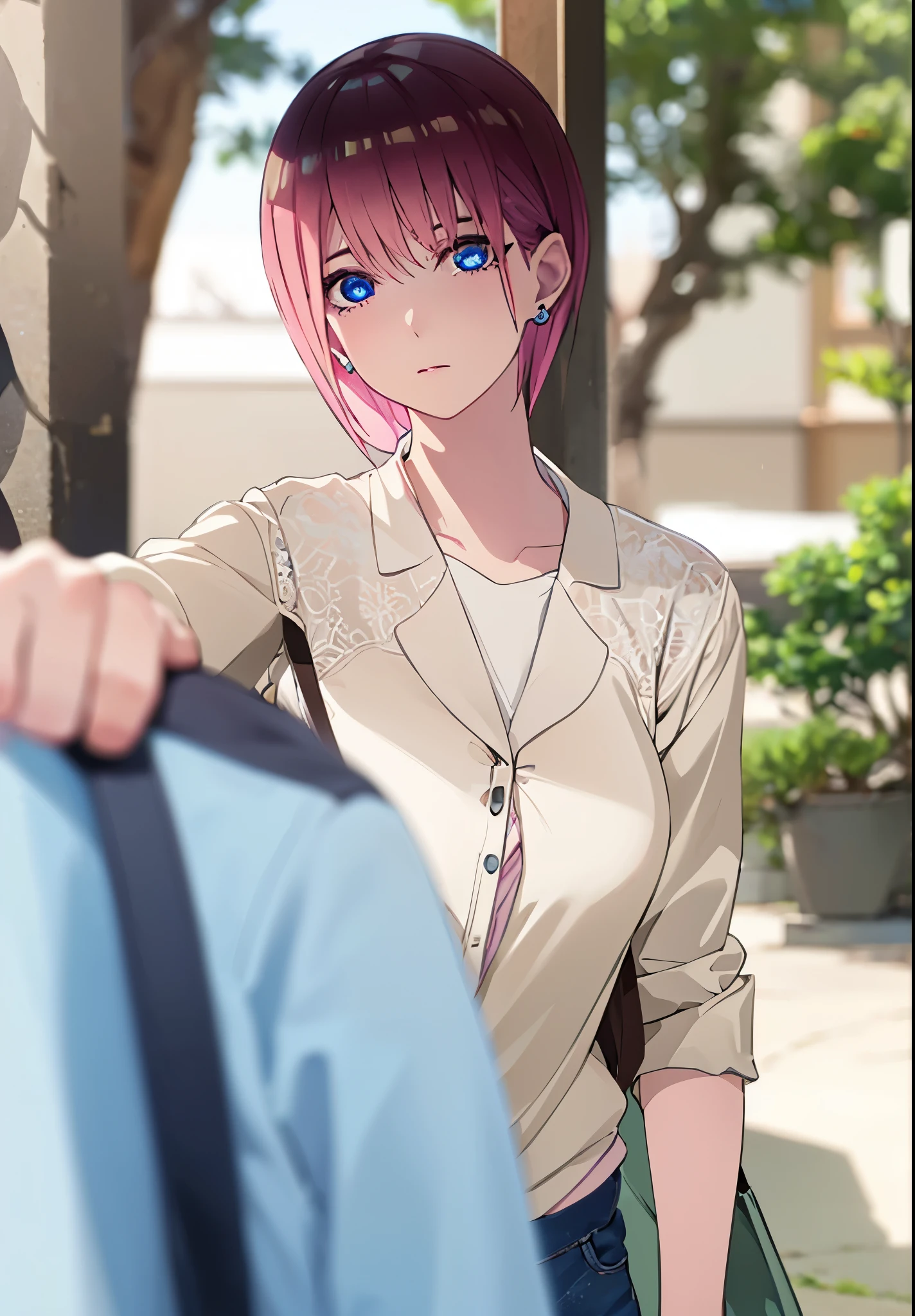 ichikanakano, ichika nakano, short hair, bangs, blue eyes, hair between eyes, pink hair, earrings,
(masterpiece:1.2), best quality, high resolution, unity 8k wallpaper, (illustration:0.8), (beautiful detailed eyes:1.6), extremely detailed face, perfect lighting, extremely detailed CG, (perfect hands, perfect anatomy),