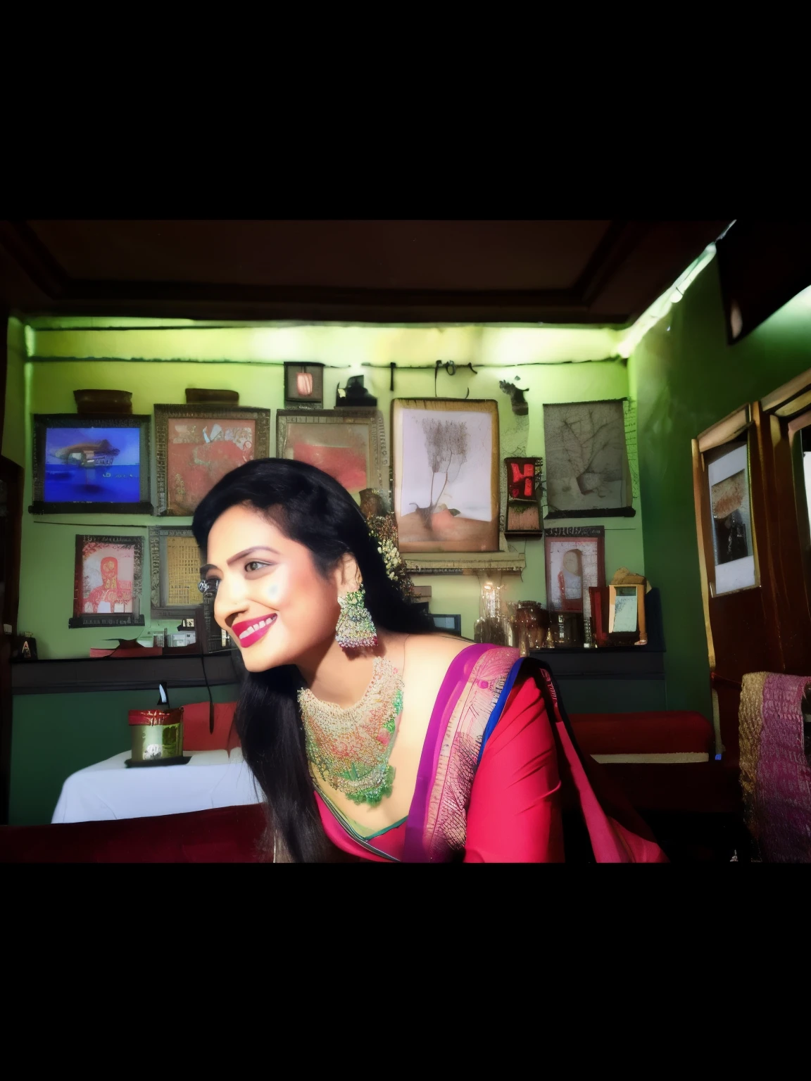 there is a woman sitting in a room with a green wall, assamese, assamese aesthetic, candid picture, candid photograph, traditional beauty, 30 years old woman, at night time, 3 0 years old woman, around 1 , old picture, with lovely look, wearing bihu dress mekhela sador, wearing sari