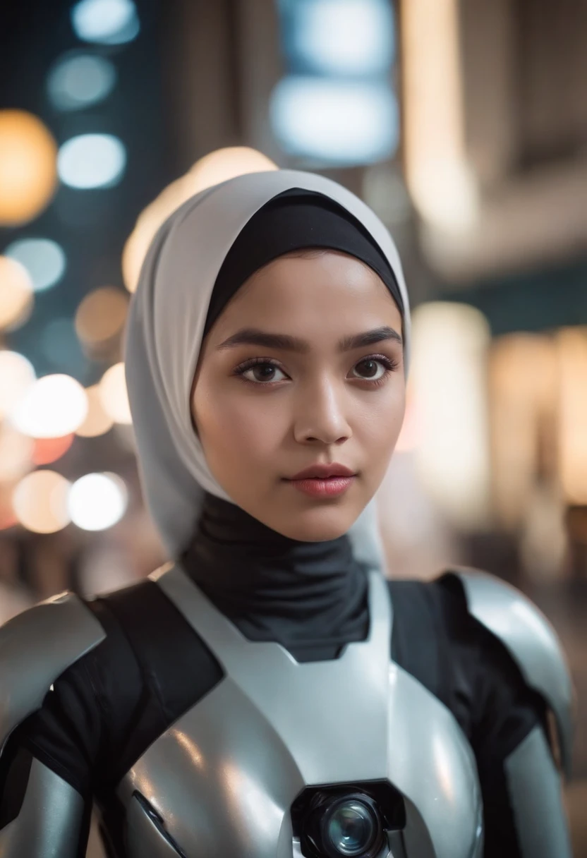 a malay age girl in hijab and mecha suit standing in action in front of bustling kuala lumpur malaysia city streets, serious face, nighttime, 35mm lens, Extreme close-up, pastel color grading, depth of field cinematography effect, film noir genre, 8k resolution, high quality, ultra detail