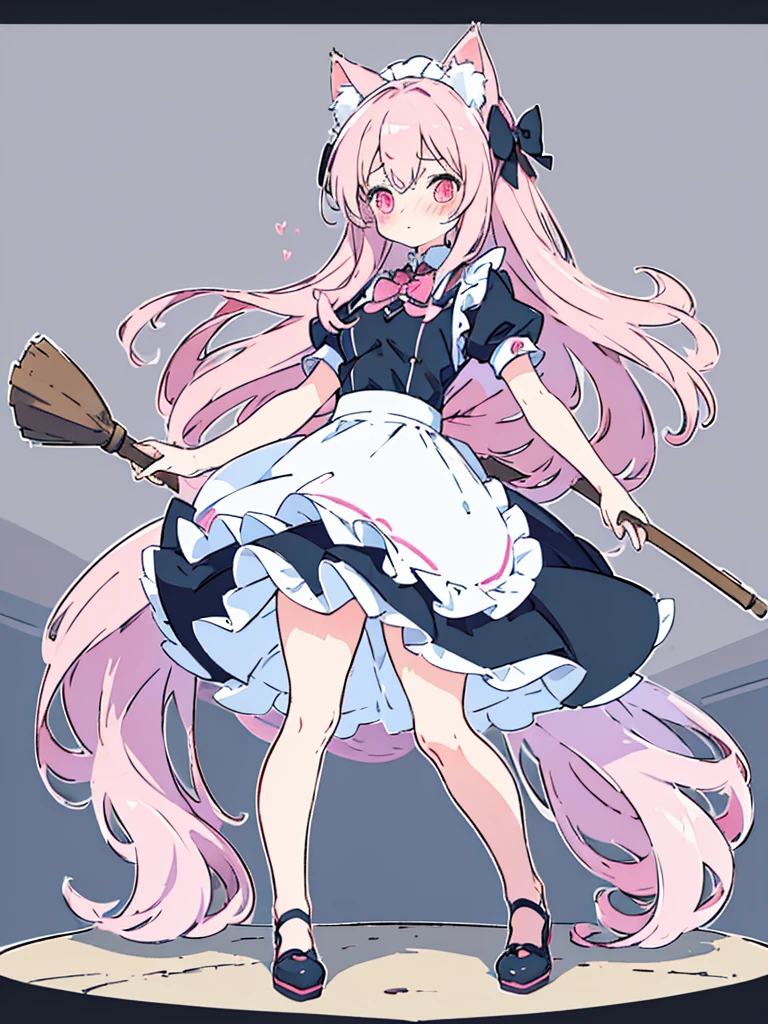 (masterpiece, top quality, best quality), pixel,pixel art,1Girl,full body, cat ears (fluffy,cute), slender body,medium thick breast,pink long straight hair,wearing cute maid with black bow behind the back,((blush:1.4)),doing cute pose, (8K quality), simple background, open_mouth,cute smile,holding the detailed broom