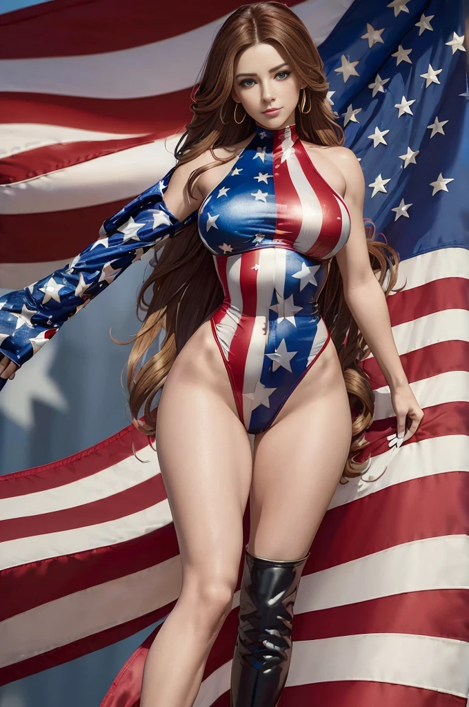 ((Best Quality, 8K, Masterpiece :1.3)), Starlet Patriot is a stunning and all-American female hero with a costume that proudly showcases the U.S. flag while exuding confidence and sexiness. Her costume is a sleek, form-fitting bodysuit made of high-tech, flag-themed material that shimmers with patriotic pride. The design incorporates elements of the American flag, with stars and stripes tastefully accentuating her attire. She wears thigh-high, high-heeled boots in bold red, and her long, flowing hair is a radiant shade of golden blonde, cascading down her back.