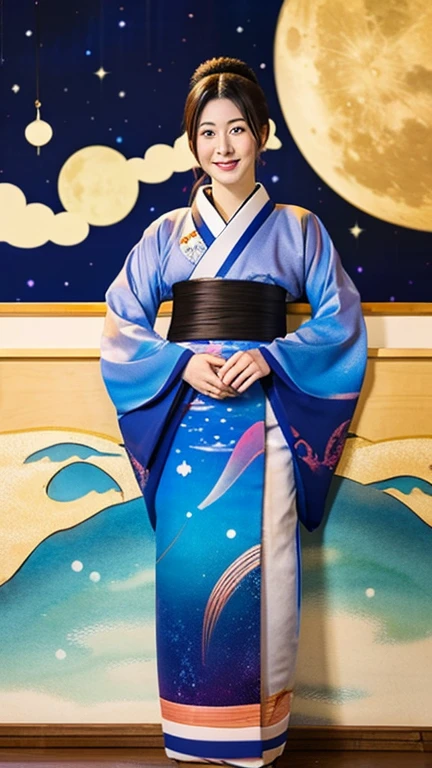 moon　woman wearing kimono　universe　Ukiyo-e　