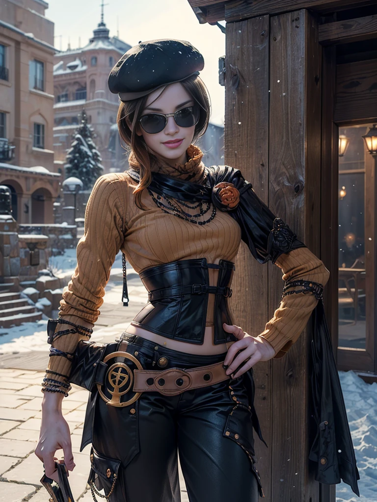 (masterpiece,stunning girlfriend, (standing:1.1), dynamic pose, heart shaped face,elegant face, beautiful face, highly detailed face, highly detailed skin, skin pores, subsurface scattering, realistic pupils, loving smile, looking at viewer, full lips, detailed background, depth of field, atmospheric perspective, volumetric lighting, sharp focus, absurdres, realistic proportions, good anatomy, (realistic, hyperrealistic:1.4), 16k hdr, (masterpiece, best quality:1.2), cowboy shot, solo, 1girl, coco adel, grin, looking at viewer, hand on hip, beret, sunglasses, orange sweater, corset, black gloves, pants, jewelry, belt, bandolier, standing outdoors, near ski lodge, snow, mountain, crowds 