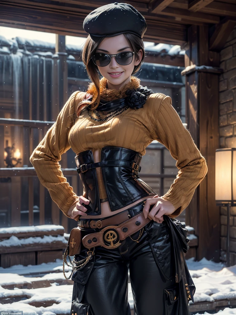 (masterpiece,stunning girlfriend, (standing:1.1), dynamic pose, heart shaped face,elegant face, beautiful face, highly detailed face, highly detailed skin, skin pores, subsurface scattering, realistic pupils, loving smile, looking at viewer, full lips, detailed background, depth of field, atmospheric perspective, volumetric lighting, sharp focus, absurdres, realistic proportions, good anatomy, (realistic, hyperrealistic:1.4), 16k hdr, (masterpiece, best quality:1.2), cowboy shot, solo, 1girl, coco adel, grin, looking at viewer, hand on hip, beret, sunglasses, orange sweater, corset, black gloves, pants, jewelry, belt, bandolier, standing outdoors, near ski lodge, snow, mountain, crowds