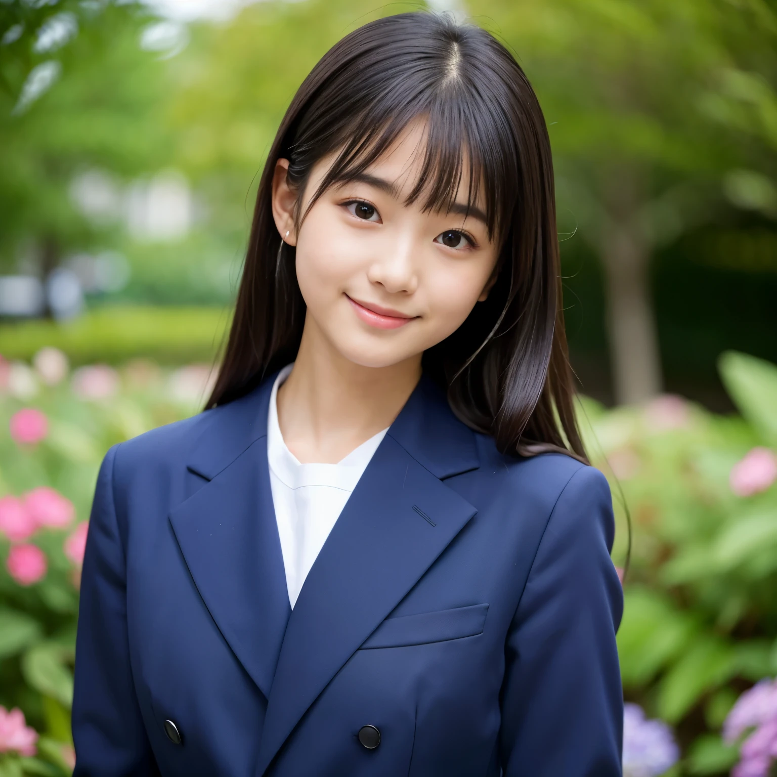 Best-quality, Masterpiece, Ultra-High-Resolution, (Photorealistic:1.4), Raw-Photo, 1girl, -yeld, thost famous Japanese idol, wearing navy-blue Japanese high-school uniform, extremely cute face like the most popular Japanese idol, extremely beautiful big-black-eyes, extremely beautiful hair, extremely beautiful skins, looking at viewer, innocent-smile