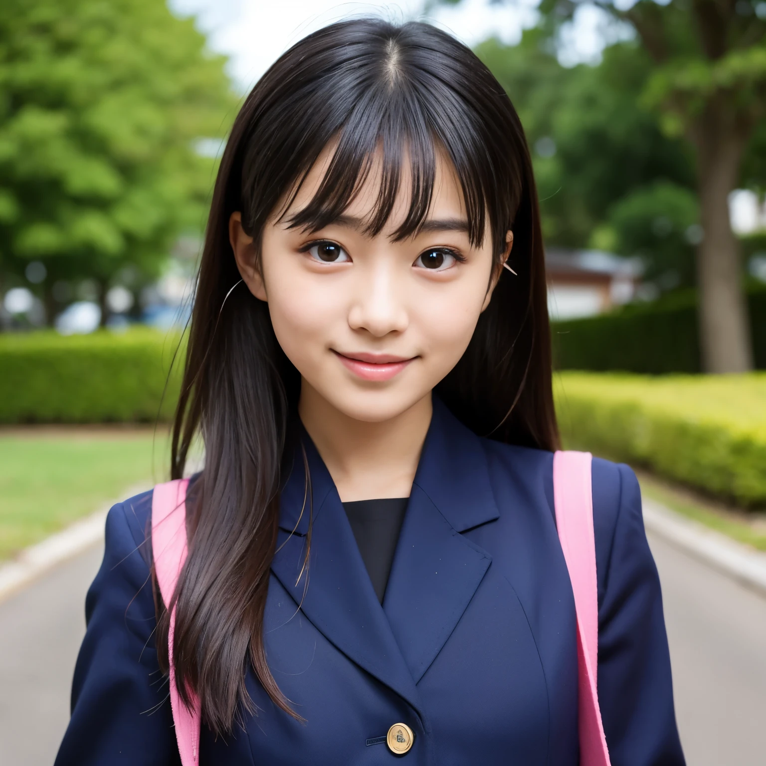 Best-quality, Masterpiece, Ultra-High-Resolution, (Photorealistic:1.4), Raw-Photo, 1girl, 16-years-old, the most famous Japanese idol, wearing navy-blue Japanese high-school uniform, extremely cute face like the most popular Japanese idol, extremely beautiful big-black-eyes, extremely beautiful hair, extremely beautiful skins, looking at viewer, innocent-smile