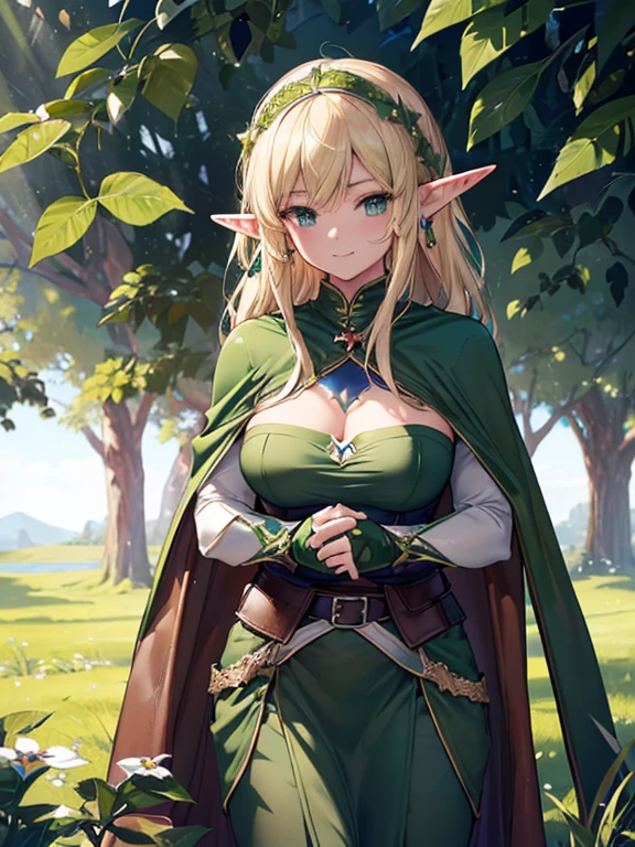 ((Highest quality)),(Ultra high resolution),(super detailed),(detailed description),((best CG)),(best artwork),super precision art,amazing drawing art,(Art Precisely detailed costume:1.5), (elf:1.6),Finely detailed leather armor:1.7,((wears a green cape:1.5)), elaborately crafted diadem:1.8, (blond hair), She stands on the edge of I laugh in a field, looking at you and smiling.。The soft sunlight surrounds you. (wearing leather clothes), not showing your body, use a leather armor, big breasts, no cleavage