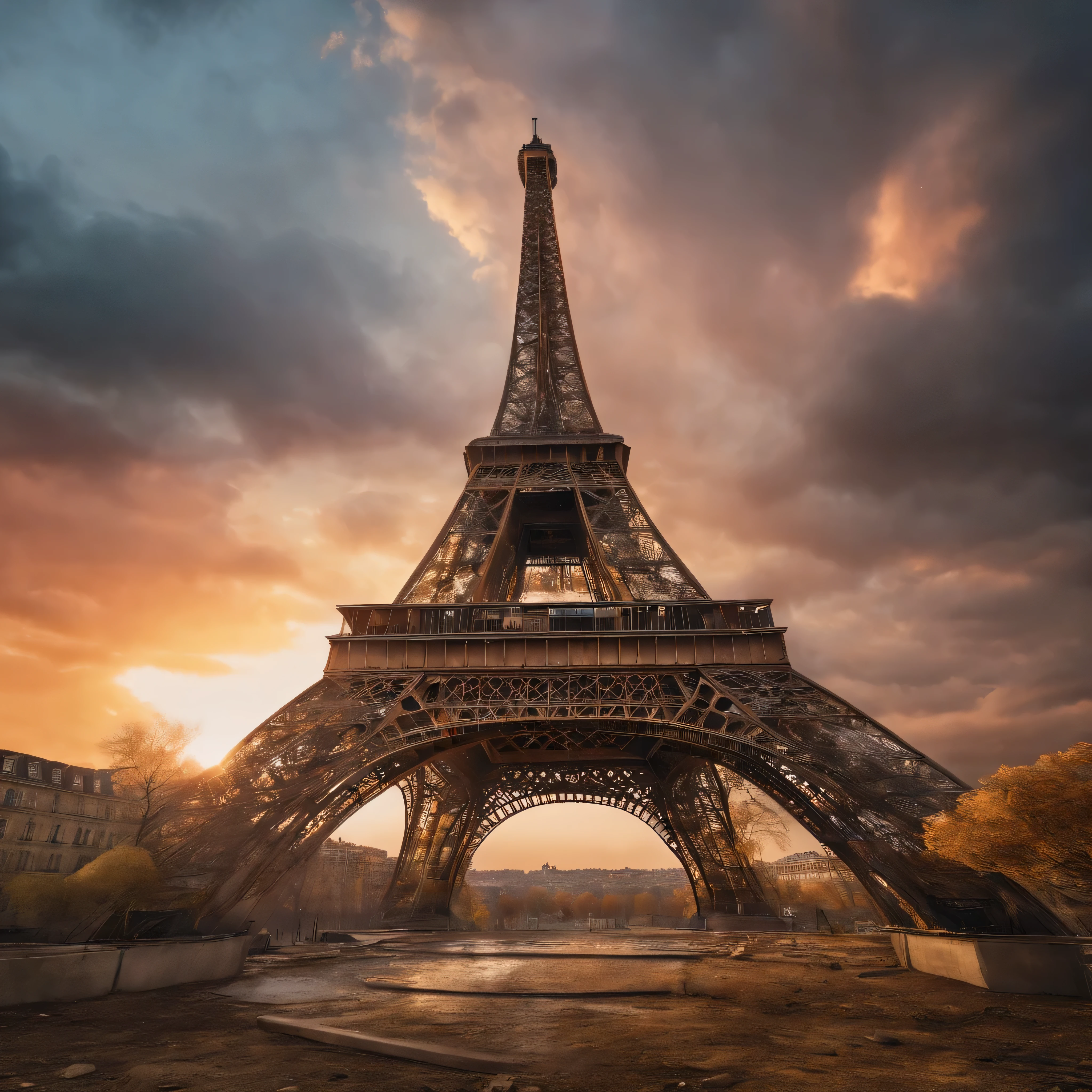 eiffel tower in a post apocalyptic scene, hyper detailed, color coded, aerial view —ar 9:16 —q 5