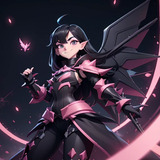 Long nose, Pale face, Big smile, Slightly spiky black hair, Basic black clothing, Dark and pink armor, Core in the center of the chest, Large neon wings, Suspended in the air, with wires holding it, Large stature, Cannon on the left arm, White high heels, very eccentric and petty personality, greedy, rollercoaster atmosphere,Male