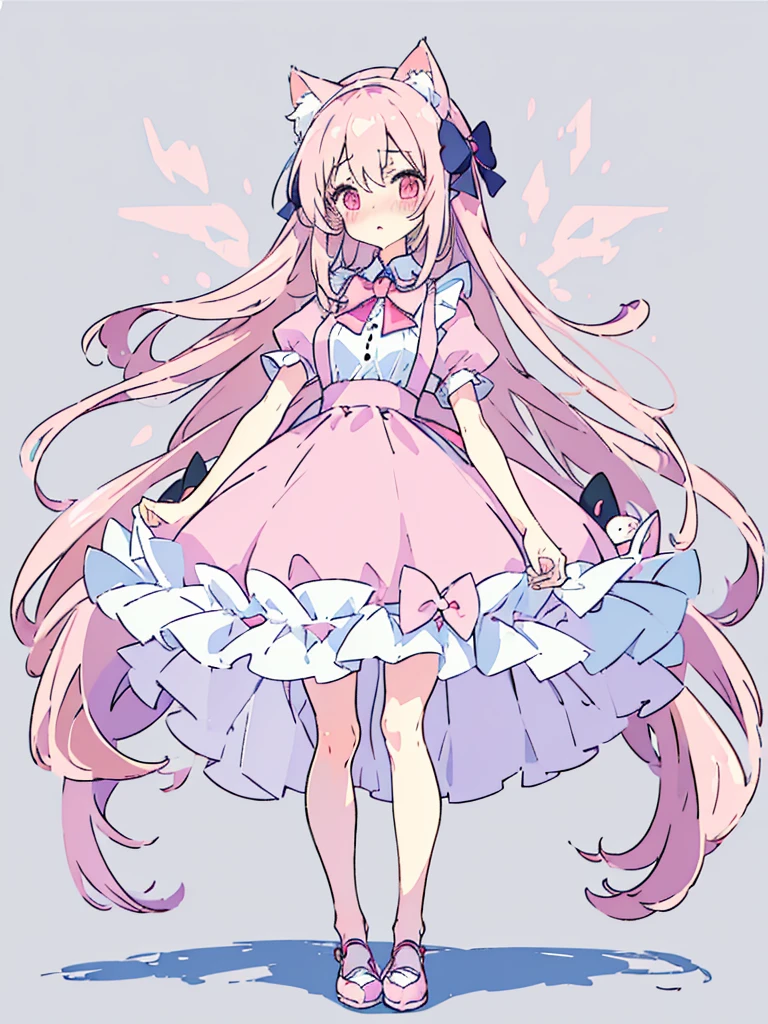 (masterpiece, top quality, best quality), pixel,pixel art,1 Girl,full body, cat ears (fluffy,cute), slender body,medium thick breast,pink long straight hair,wearing cute detailed maid dress with white bow behind the back,((blush:1.4)),doing cute pose, (8K quality), simple background, open_mouth,cute smile.
