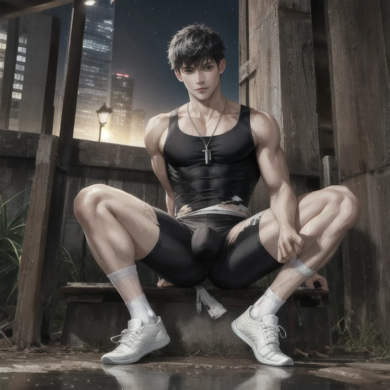 Masterpiece, best quality, details, unity wallpaper 8k, Ultra high resolution, professional lighting,
1 boy, White ripped sports tights, Torn bicycle set, white socks, canvas shoes,
look at viewer, sweat, Spread your legs,
stalwart, abdomen, large chest, White and bright skin, bare breasts, large areolae,
details face, mischievous face, black eyes, black short hair, shiny blue necklace, reflection of the eyes,
outdoor, nighttime,