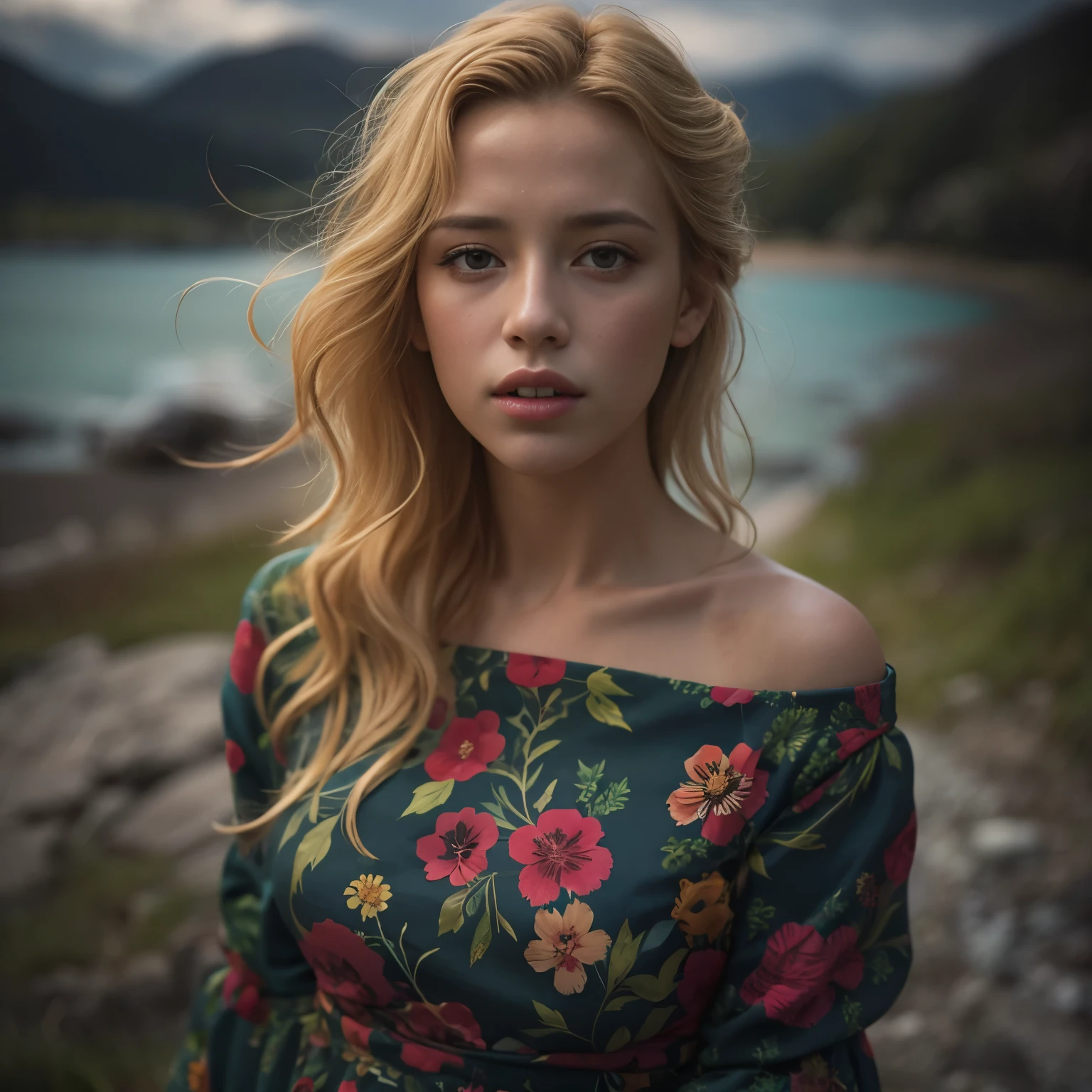 Best Quality Masterpiece Award Winning Photo Upper Body Woman Freckled Face Blonde Hair Windblown Blonde Emerald Eyes Strapless Dress Modern by Jeremy Lipking by Antonio J. Manzanedo by lee jeffries Nikon D850 film stock photo 4 camera kodak portra 400 lens f1.6 Rich Colors Realistic Textures Ultra-realistic Dramatic Lighting Unrealistic Mechanisms Art Station Cinestill 800 Trends,  fisheye lens, quilt style, Windy beach, Scottish lake, forest
