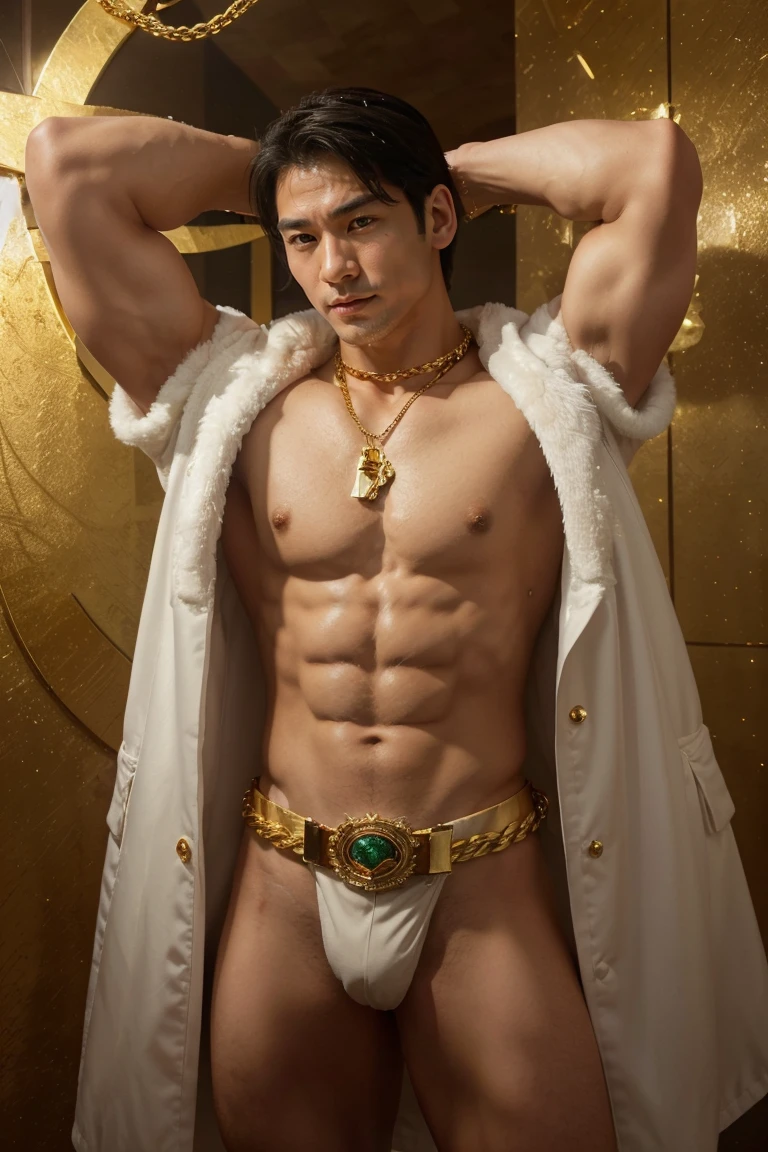 A muscular Korean man in a wonderland, 20 years, Wear a rich white color with snow. (Layer of fur on shoulders and back) With a very long battery life, Underneath which his very muscular body could be seen., Focus on the male body. Above his head, there was a halo surrounded by white clouds and golden divine light., (Its body was decorated with gold chains filled with precious gems., Finger Ring), (Heavy belt with gold bra with sparkling gems.). Seductive crotch. He has short, shaved black hair and large, expressive green eyes.. The clock ticks in the distance.. This scene looked like something out of the realm of fantasy or legend seen from above.