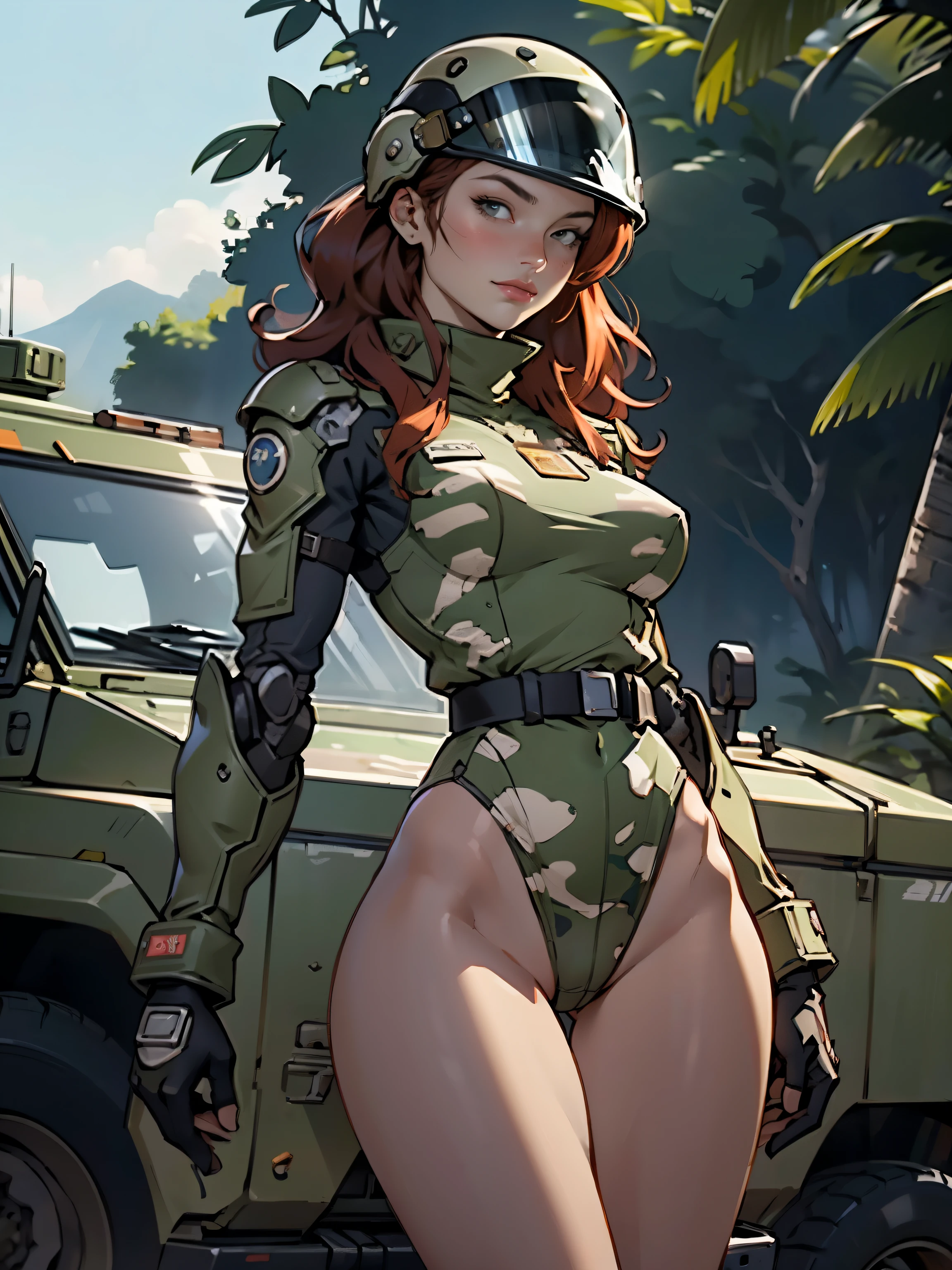 1woman 20 years old, military, wearing a soldier helmet, beautiful, perfect body, realistic, red hair, perfect body, thin waist, , large breasts, slim thighs, jungle background, armored vehicle, flying fighters, military robot dog, camouflaged uniform, wealth of details, tight panties, marking on the front, cowboyshot, highly detailed, high resolution, prefect hands, slender thighs, thigh gap