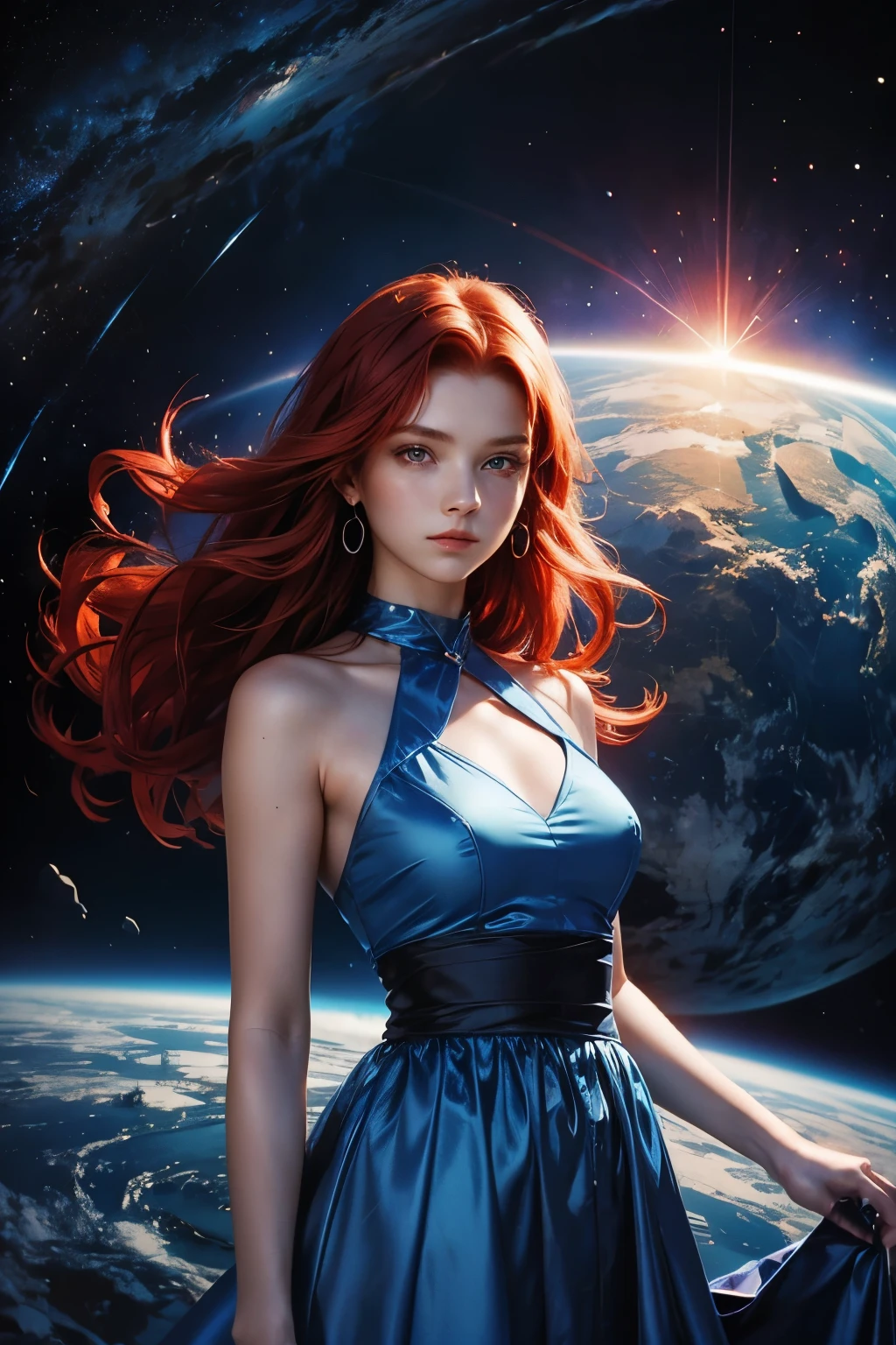 A beautiful woman. red hair. . She is looking at the camera with a defiant expression. She is wearing a blue dress-like outfit. An image of a glowing blue planet behind her.