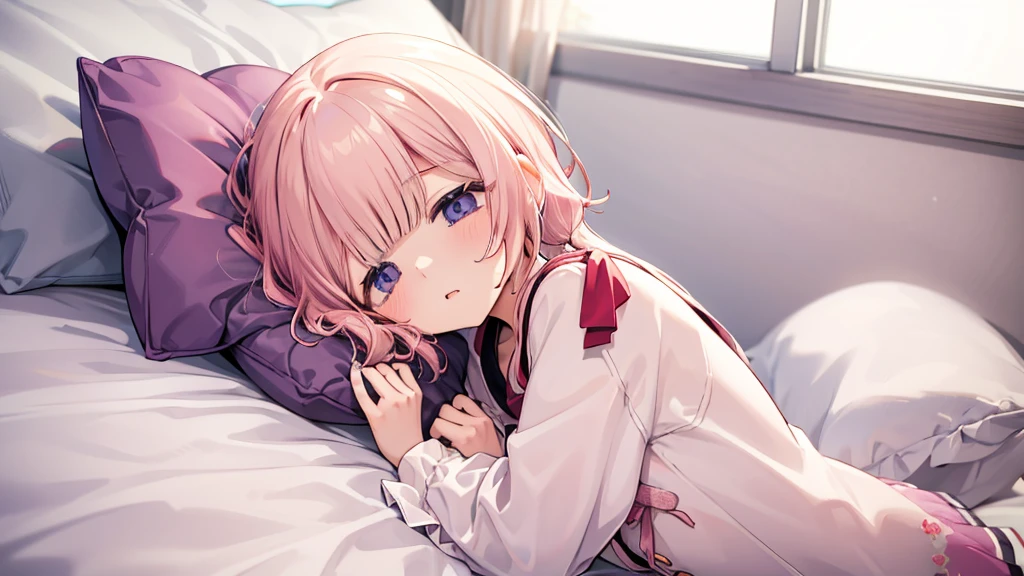 ツインbed、、cute、、bed、、、turn to the side、、sleepy目をこすりながら、sleepy、yawn、Hold a pillow、Looks sleepy、bedに座る