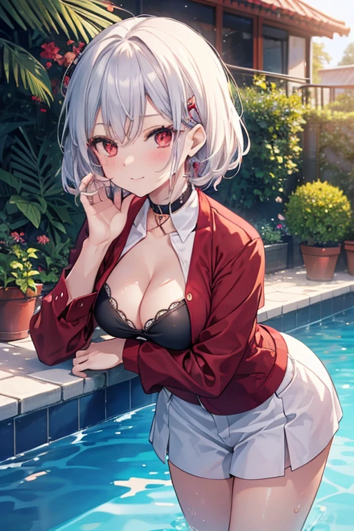 (master piece:1.2,high high quality), (pix:1.4), (1girll:1.2), (solo:1.2), (God Seven:0.6), ,
Kasumioka Yutaha,Mature female body,Red Eyeshadow,big cleavage breasts,Blue student uniform,Undo the collar,white hair clip,red color eyes,Blushlush,pervert smirk,
exteriors,swimmingpool,Top level,(natta:1.5),As estrelas,lamplight,a plant,Plants in pots,Luxury swimming pool,