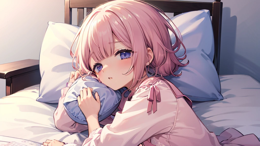 ツインbed、、cute、、bed、、、turn to the side、、Rubbing my sleepy eyes、sleepy、yawn、Hold a pillow、Looks sleepy、bedに座る