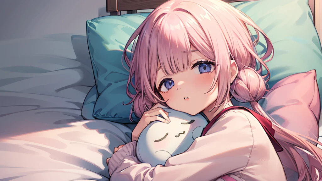 ツインbed、、cute、、bed、、、turn to the side、、Rubbing my sleepy eyes、sleepy、yawn、Hold a pillow、Looks sleepy、bedに座る
