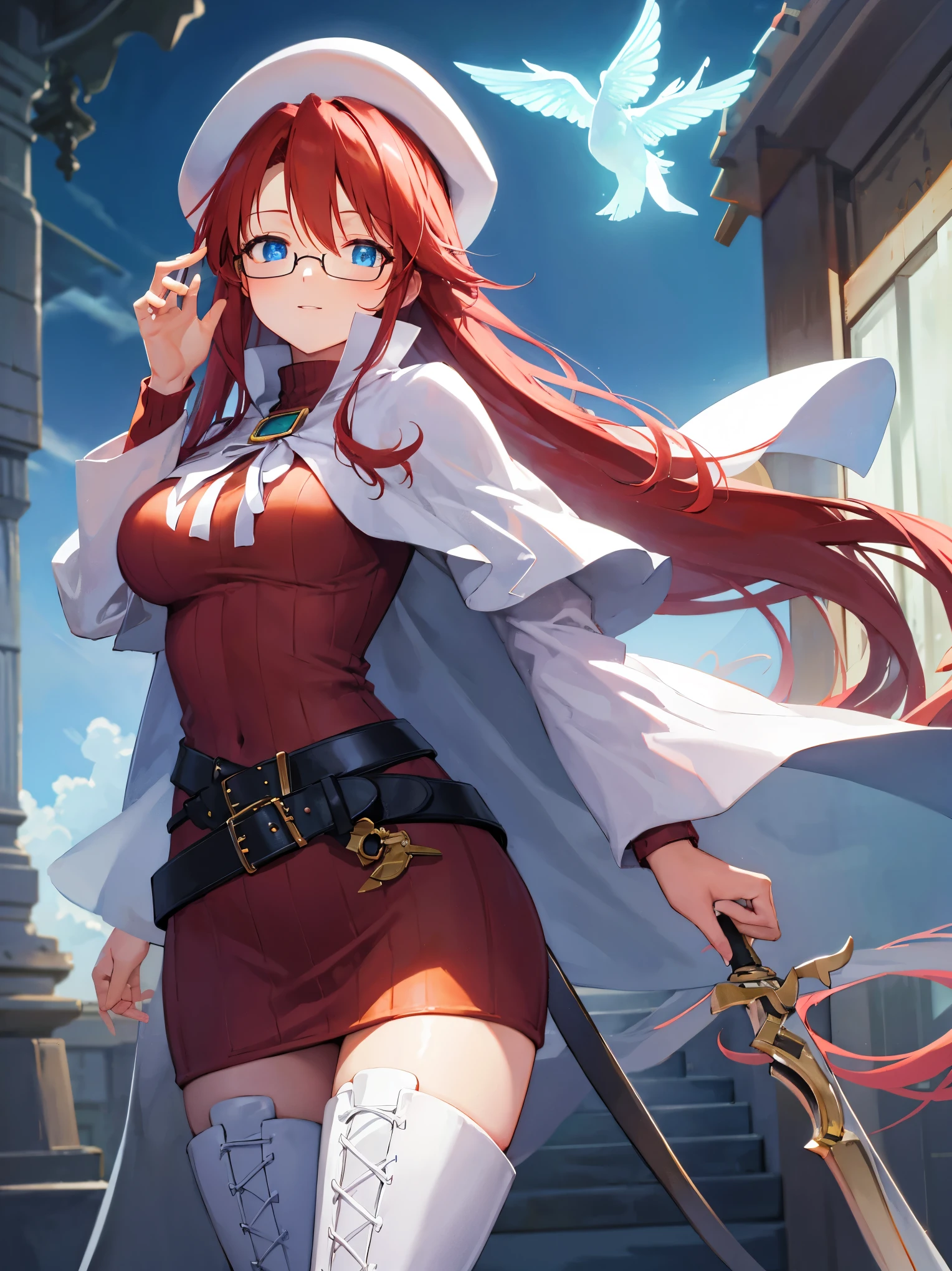 summonnightaty, aty, long hair, blue eyes, red hair, beret, hat, glasses,
BREAK long hair, thighhighs, hat, dress, boots, glasses, belt, cape, sweater, zettai ryouiki, beret, thigh boots, white footwear, ribbed sweater, loose belt,solo,
BREAK outdoors, fantasy,on_a_ship,
BREAK (masterpiece:1.2), best quality, high resolution, unity 8k wallpaper, (illustration:0.8), (beautiful detailed eyes:1.6), extremely detailed face, perfect lighting, extremely detailed CG, (perfect hands, perfect ???????),covered_nipples,covered_navel,light_smile ,(half_eyes:1.4),sword,armpit,sleepy,dynamic_standing,barrel,red_sweater,apart_legs,magical_effect,back,