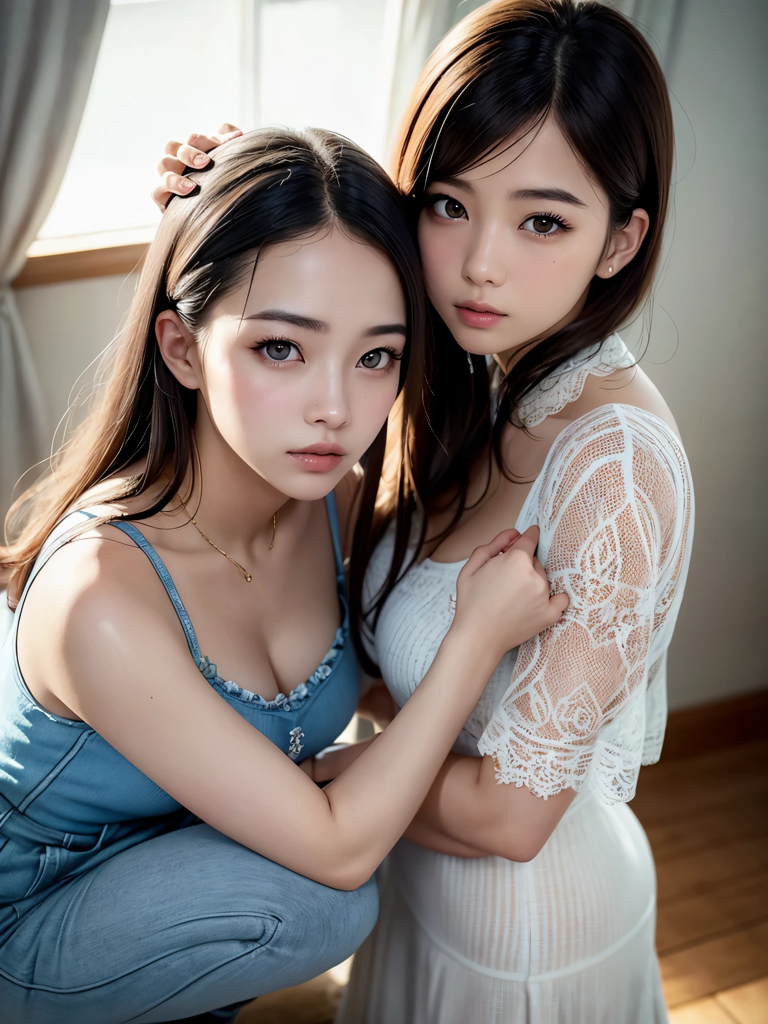 白いdressと紫のラインのdressを着てポーズをとる女性、idol singer、stage、23 years old、Mei Nagano、shooting from above、(自然でdetailed face立ち、beautiful and detailed eyes、beautiful and dense lips、very detailed eyes、detailed face、long eyelashes)(8K resolution)、High resolution、masterpiece:1.2 )、Super detailed、(real、photorealistic、photorealistic: 1.37)、bob hair、belle delphine、dress、8K、fantastic lighting、bright colors、squatting down