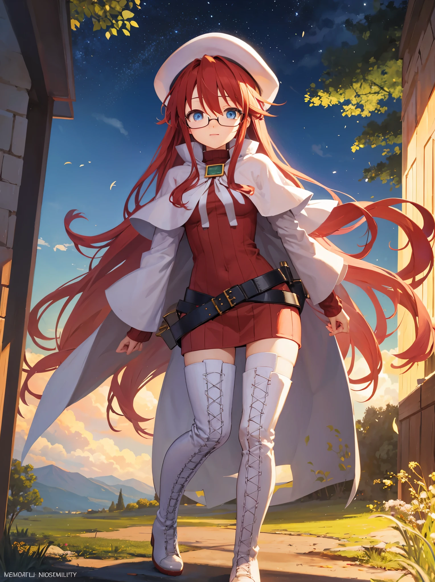 summonnightaty, aty, long hair, blue eyes, red hair, beret, hat, glasses,
BREAK long hair, thighhighs, hat, dress, boots, glasses, belt, cape, sweater, zettai ryouiki, beret, thigh boots, white footwear, ribbed sweater, loose belt,solo,
BREAK outdoors, fantasy,on_a_ship,
BREAK (masterpiece:1.2), best quality, high resolution, unity 8k wallpaper, (illustration:0.8), (beautiful detailed eyes:1.6), extremely detailed face, perfect lighting, extremely detailed CG, (perfect hands, perfect anatomy),covered_nipples,covered_navel,light_smile ,(half_eyes:1.4),sword,armpit,sleepy,dynamic_standing,barrel,red_sweater,apart_legs,magical_effect,back,