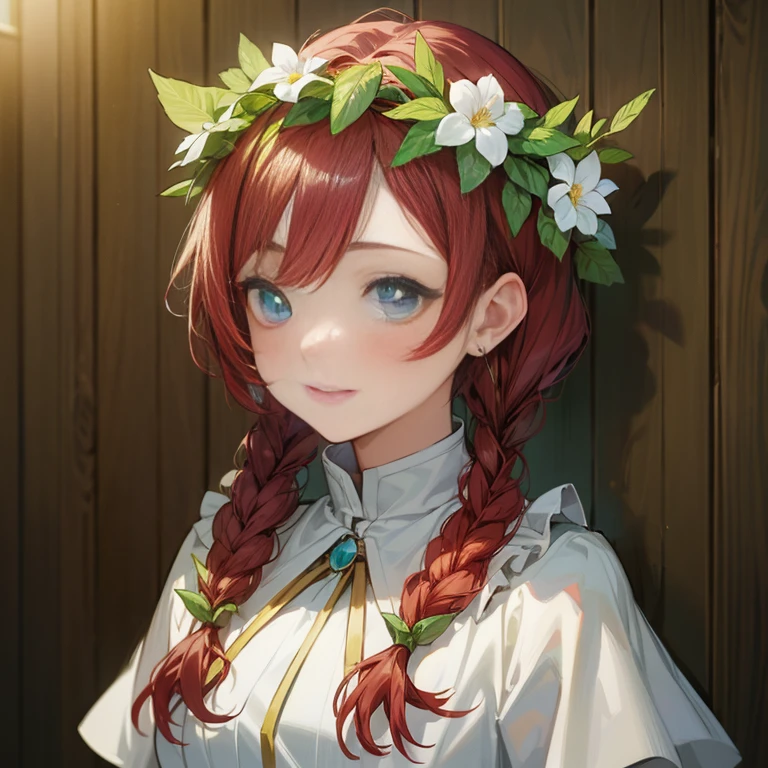 anime girl with red hair and flower crown in front of wooden wall, rin, cute anime girl portraits, has a laurel wreath, cute anime girl portrait, kawaii realistic portrait, marin kitagawa fanart, beautiful anime portrait, painted in anime painter studio, portrait anime girl, guweiz on pixiv artstation, anime girl portrait, guweiz on artstation pixiv