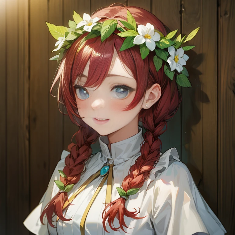 anime girl with red hair and flower crown in front of wooden wall, rin, cute anime girl portraits, has a laurel wreath, cute anime girl portrait, kawaii realistic portrait, marin kitagawa fanart, beautiful anime portrait, painted in anime painter studio, portrait anime girl, guweiz on pixiv artstation, anime girl portrait, guweiz on artstation pixiv