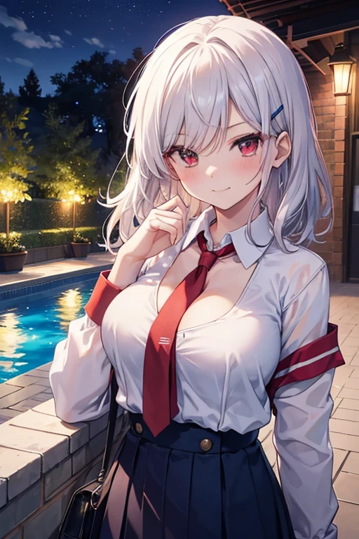 (master piece:1.2,high high quality), (pix:1.4), (1girll:1.2), (solo:1.2), (God Seven:0.6), ,
Kasumioka Yutaha,Mature female body,Red Eyeshadow,big cleavage breasts,Blue student uniform,Undo the collar,white hair clip,red color eyes,Blushlush,pervert smirk,
exteriors,swimmingpool,Top level,(natta:1.5),As estrelas,lamplight,a plant,Plants in pots,Luxury swimming pool,
