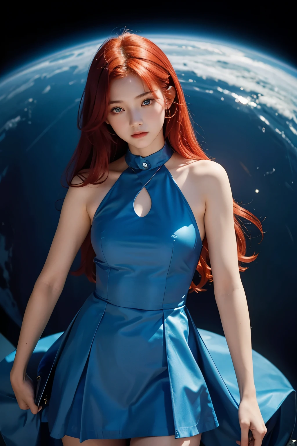 A beautiful woman. red hair. Fifteen years old. She is looking at the camera with a defiant expression. She is wearing a blue dress-like outfit. An image of a glowing blue planet behind her.