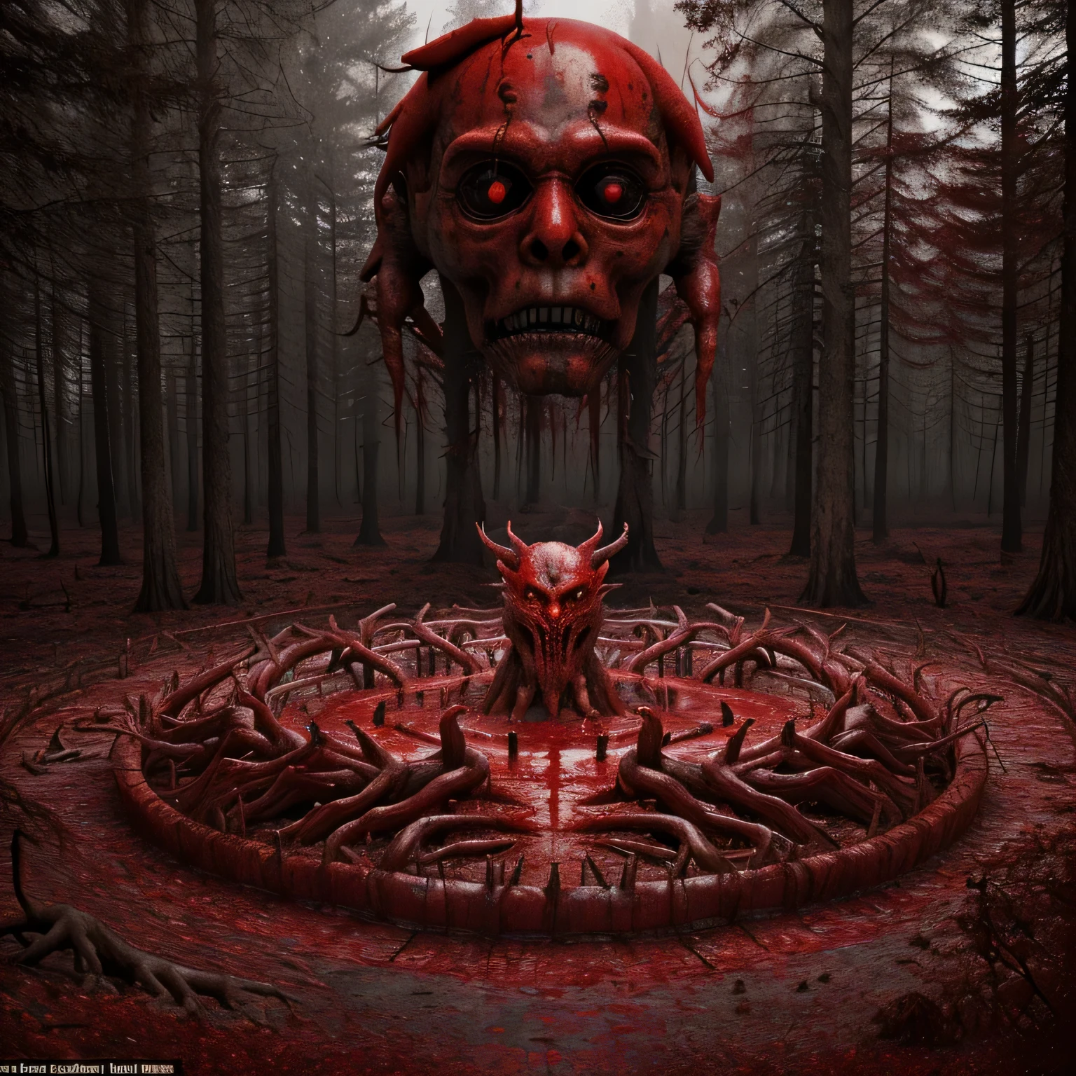 bloody forest contaminated with blood, in the center of the image (large red monsters bathed in blood made from the remains of living beings)