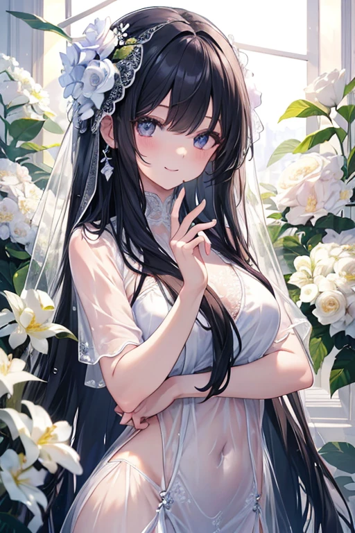 best quality、tmasterpiece、ultra high resolution、actual、1 girl、Glossy skin、((Surreal detailed))、Global photo、8K、Highly complex details、shinning eyes、Black straight hair、highkey、pureerosfaceace_v1、A smile、Elegant pose、White ultra-thin transparent lace、Lots of flowers in the background