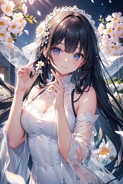 best quality、tmasterpiece、ultra high resolution、actual、1 girl、Glossy skin、((Surreal detailed))、Global photo、8K、Highly complex details、shinning eyes、Black straight hair、highkey、pureerosfaceace_v1、A smile、Elegant pose、White ultra-thin transparent lace、Lots of flowers in the background