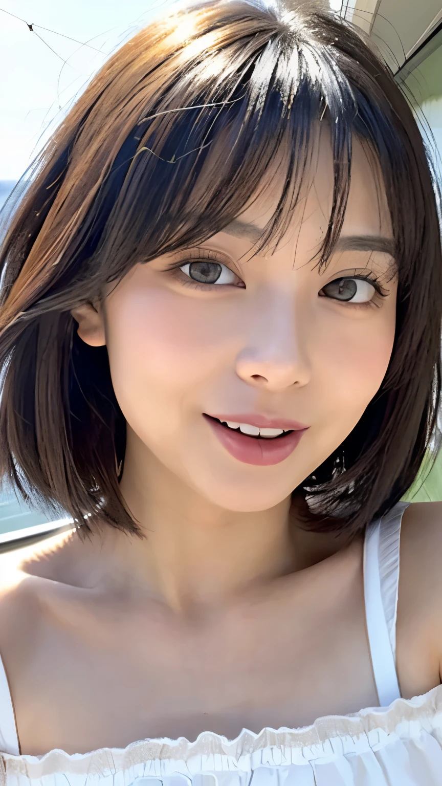 ((highest quality)), ((masterpiece)), (become familiar with), perfect face, realistic skin texture, The whole body is reflected、detailed face、 Beautiful eyes in every detail, 34 years old、1 Japanese women,beautiful face, very short hair、half open mouth、big mouth、Overbyte、blush:2.0、Wet sheer camisole、look at the camera、Fair skin