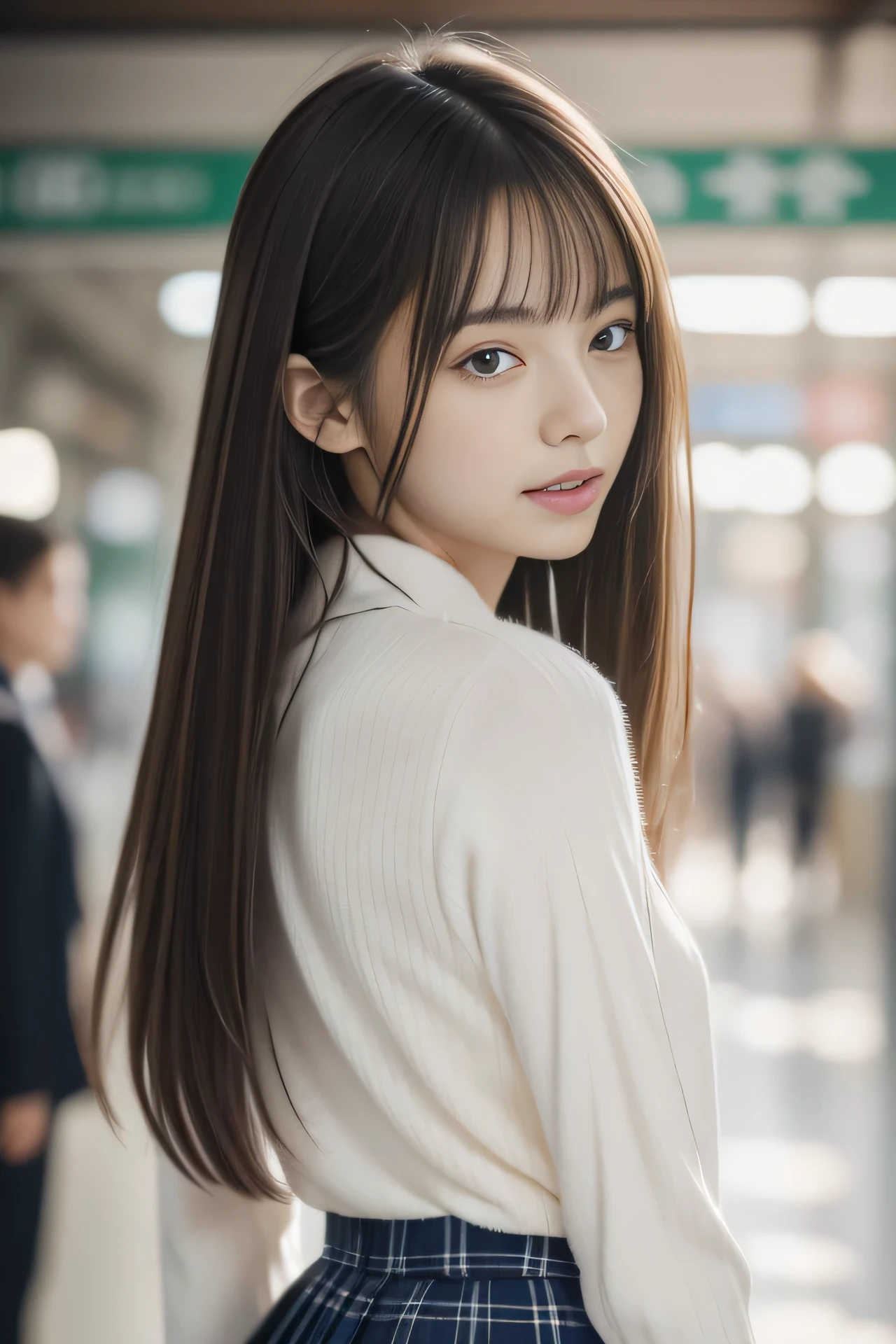 high resolution, RAW photo, photorealistic, extremely delicate and beautiful, extremely detailed, finely detail, extremely detailed CG unity 8k wallpaper, ultra-detailed, (best quality, 8k, 32k, masterpiece, UHD:1.2), Photo of Pretty Japanese model, JK , blue plaid pleated skirt, necktie, brown cardigan, beautiful and detailed face, clear and beautiful long slit eyes, delicate figure, tall, skinny, medium straight hair, upper teeth, outdoor, walking in train station platform, a hyper realistic, real life anime girl, looking back from side,