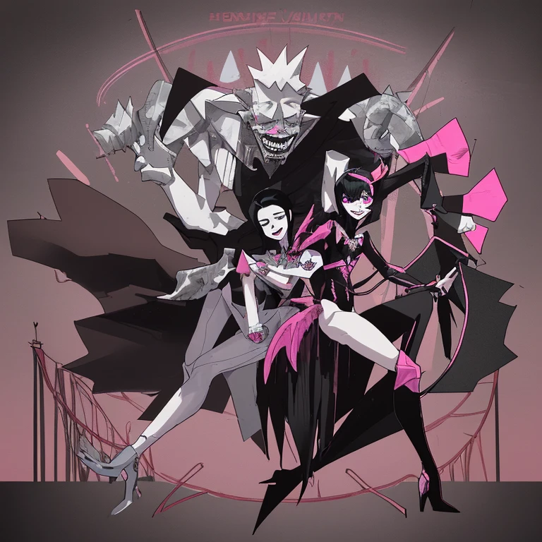 A male ventriloquist's dummy with a long nose, pale face, big smile, slightly spiky black hair, black and pink armor, triangle-shaped core in the center of the chest, large cardboard wings, suspended in the air, with wires holding it up, large stature ,Cannon on the left arm, White high heels,Very eccentric and petty personality, greedy,roller coaster atmosphere