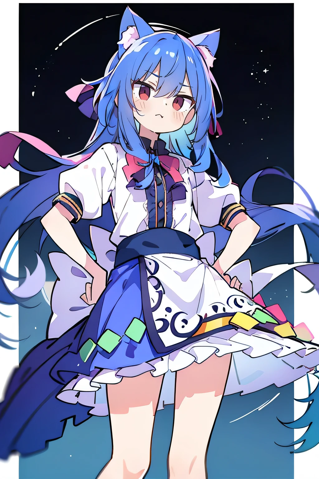 (masterpiece),best quality, expressive eyes, perfect face, 1girl,
Put your hands on your waist,fair, Gorgeous,Japanese cartoons,girl,lola,Hina Angel, blue hair, blue haired, floating clothes,Grab your waist, Grab your waist, hands on hips , hands on hips,sit, sit on ground, Legs on the ground, flat chest,starry sky,cat ear,