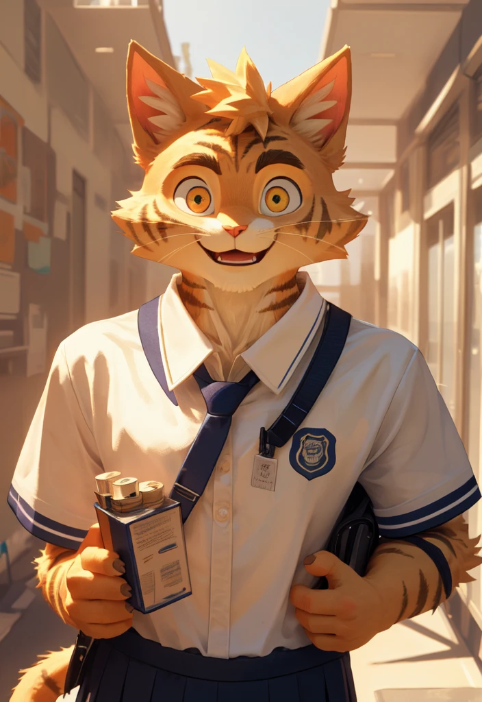 (masterpiece),(Very detailed),(best quality),hairy,Cat,orange fur,golden eyes,cute style,Slightly muscular,Sunlight,Cheerful,clever,(white casual wear),((funny expression)),8K,(high quality),(ultra high definition),(super detailed)(High school student)
