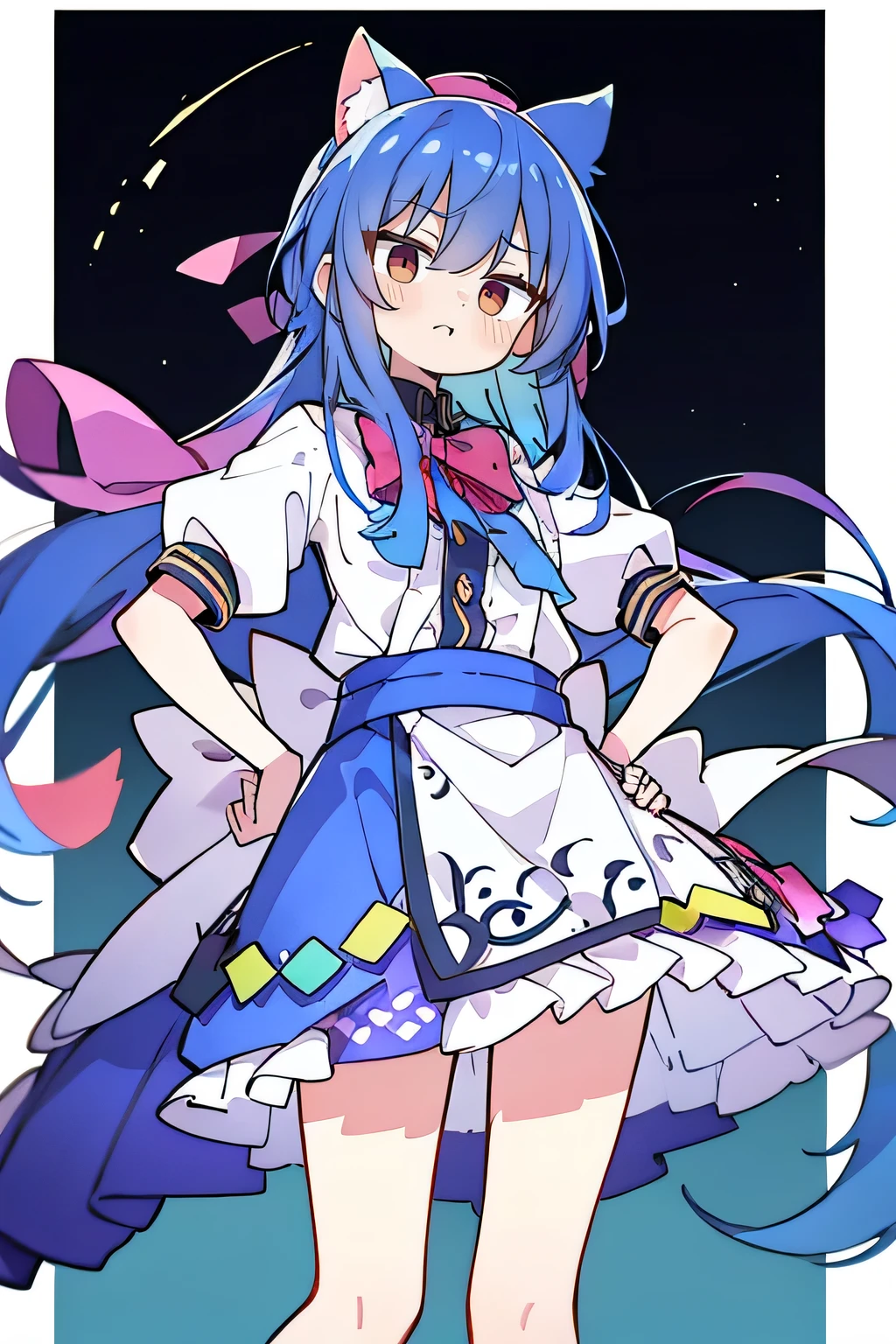 (masterpiece),best quality, expressive eyes, perfect face, 1girl,
 Put your hands on your waist,fair, Gorgeous,Japanese cartoons,girl,lola,Hina Angel, blue hair, blue haired, floating clothes,Grab your waist, Grab your waist, hands on hips , hands on hips,sit, sit on ground, Legs on the ground, flat chest,starry sky,cat ear,