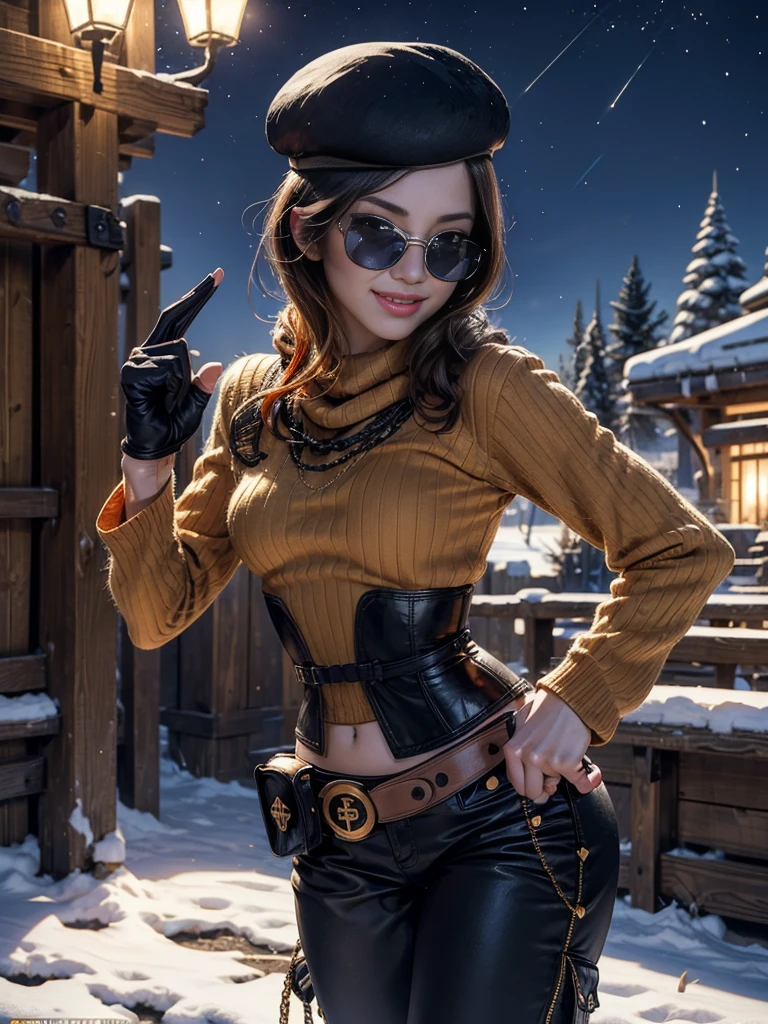 (masterpiece,stunning girlfriend, (standing:1.1), dynamic pose, heart shaped face,elegant face, beautiful face, highly detailed face, highly detailed skin, skin pores, subsurface scattering, realistic pupils, loving smile, looking at viewer, full lips, detailed background, depth of field, atmospheric perspective, volumetric lighting, sharp focus, absurdres, realistic proportions, good anatomy, (realistic, hyperrealistic:1.4), 16k hdr, (masterpiece, best quality:1.2), cowboy shot, solo, 1girl, coco adel, grin, looking at viewer, hand on hip, beret, sunglasses, orange sweater, corset, black gloves, pants, jewelry, belt, bandolier, standing outdoors, night, stars, near ski lodge, snow, mountain, crowds