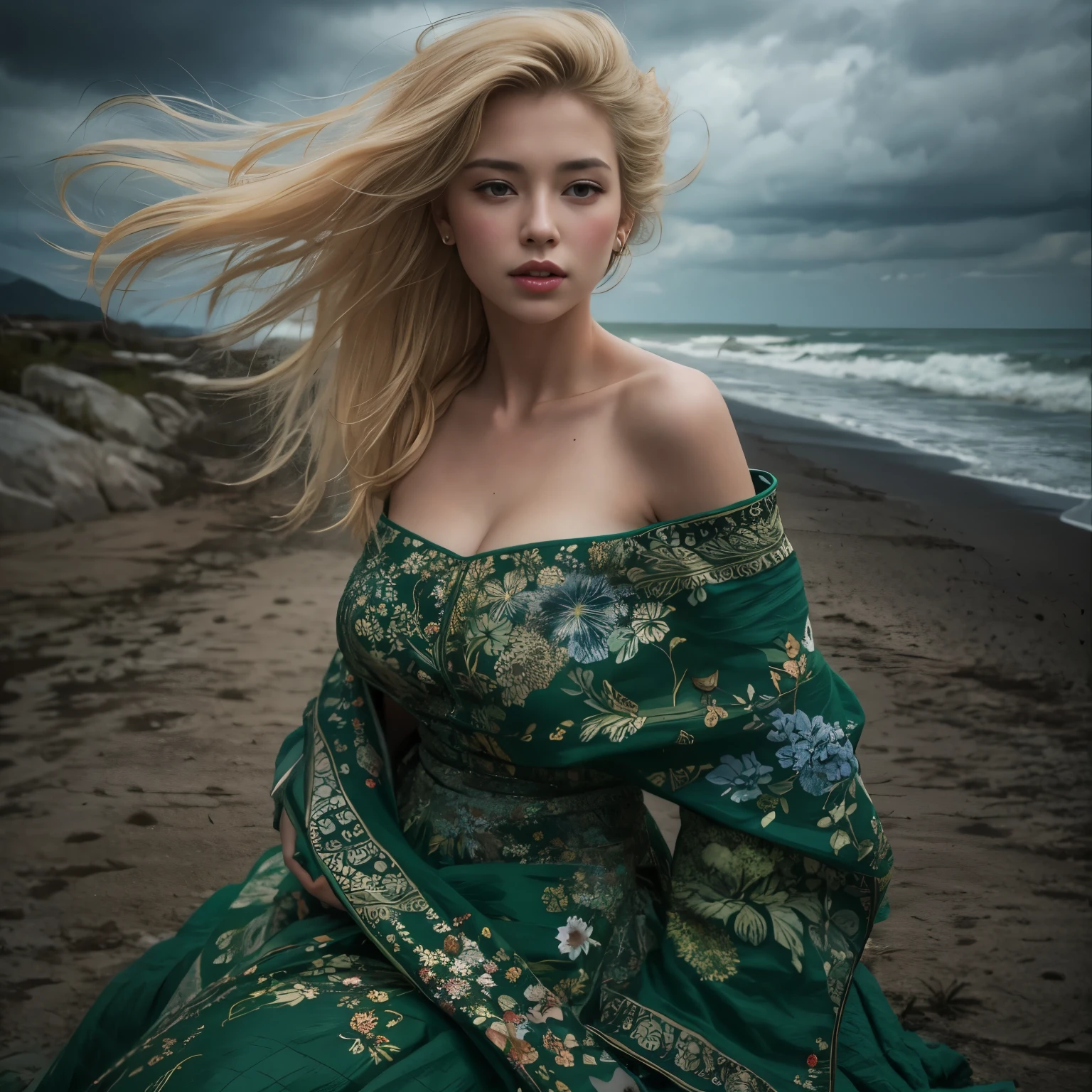 Best Quality Masterpiece Award Winning Photo Upper Body Woman Freckled Face Blonde Hair Windblown Blonde Emerald Eyes Strapless Dress Modern by Jeremy Lipking by Antonio J. Manzanedo by lee jeffries Nikon D850 film stock photo 4 camera kodak portra 400 lens f1.6 Rich Colors Realistic Textures Ultra-realistic Dramatic Lighting Unrealistic Mechanisms Art Station Cinestill 800 Trends, fisheye lens, quilt style, Windy beach, Scottish lake, forest