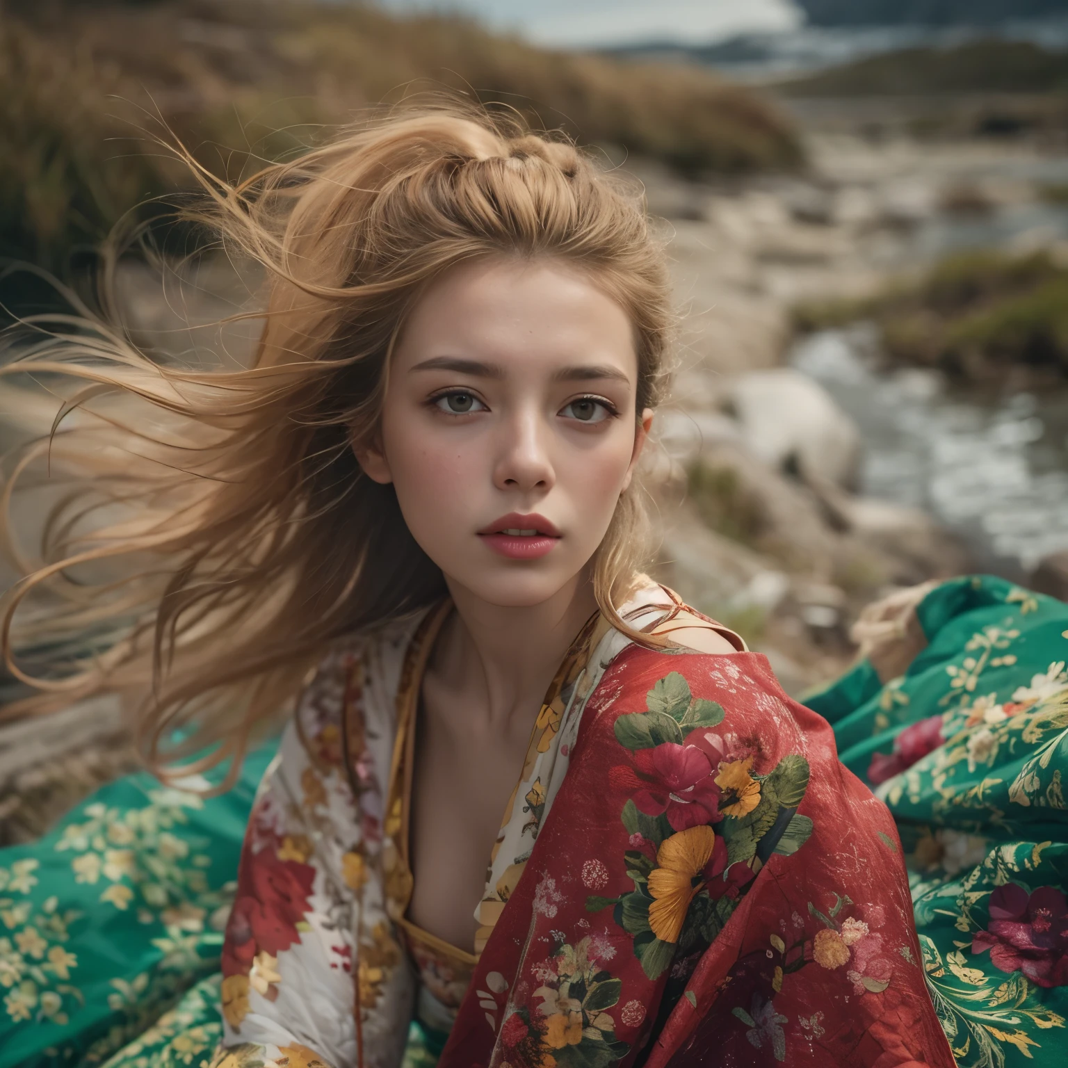 Best Quality Masterpiece Award Winning Photo Upper Body Woman Freckled Face Blonde Hair Windblown Blonde Emerald Eyes Strapless Dress Modern by Jeremy Lipking by Antonio J. Manzanedo by lee jeffries Nikon D850 film stock photo 4 camera kodak portra 400 lens f1.6 Rich Colors Realistic Textures Ultra-realistic Dramatic Lighting Unrealistic Mechanisms Art Station Cinestill 800 Trends, fisheye lens, quilt style, Windy beach, Scottish lake, forest