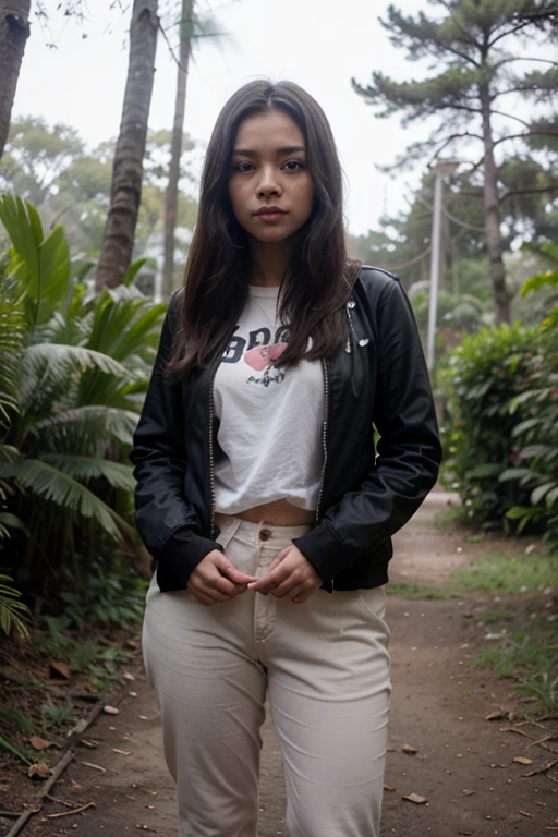 animasi 3d + super realistic, poto seorang wanita indonesia, pakai kacamata, rambut pendek rapi, agak gemuk, berjaket hitam celana panjang, duduk sambil memegang kamera, camping ditengah hutan hujan dan ada pohon besar, dikelilingi banyak monyet dan burung, ultra hd, poto jelas