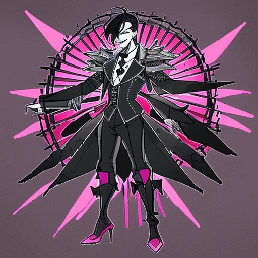 A male  ventriloquist's dummy with a long nose, pale face, big smile, slightly spiky black hair, black and pink armor, triangle-shaped core in the center of the chest, large cardboard wings, suspended in the air, with wires holding it up, large stature ,Cannon on the left arm, White high heels,Very eccentric and petty personality, greedy,roller coaster atmosphere