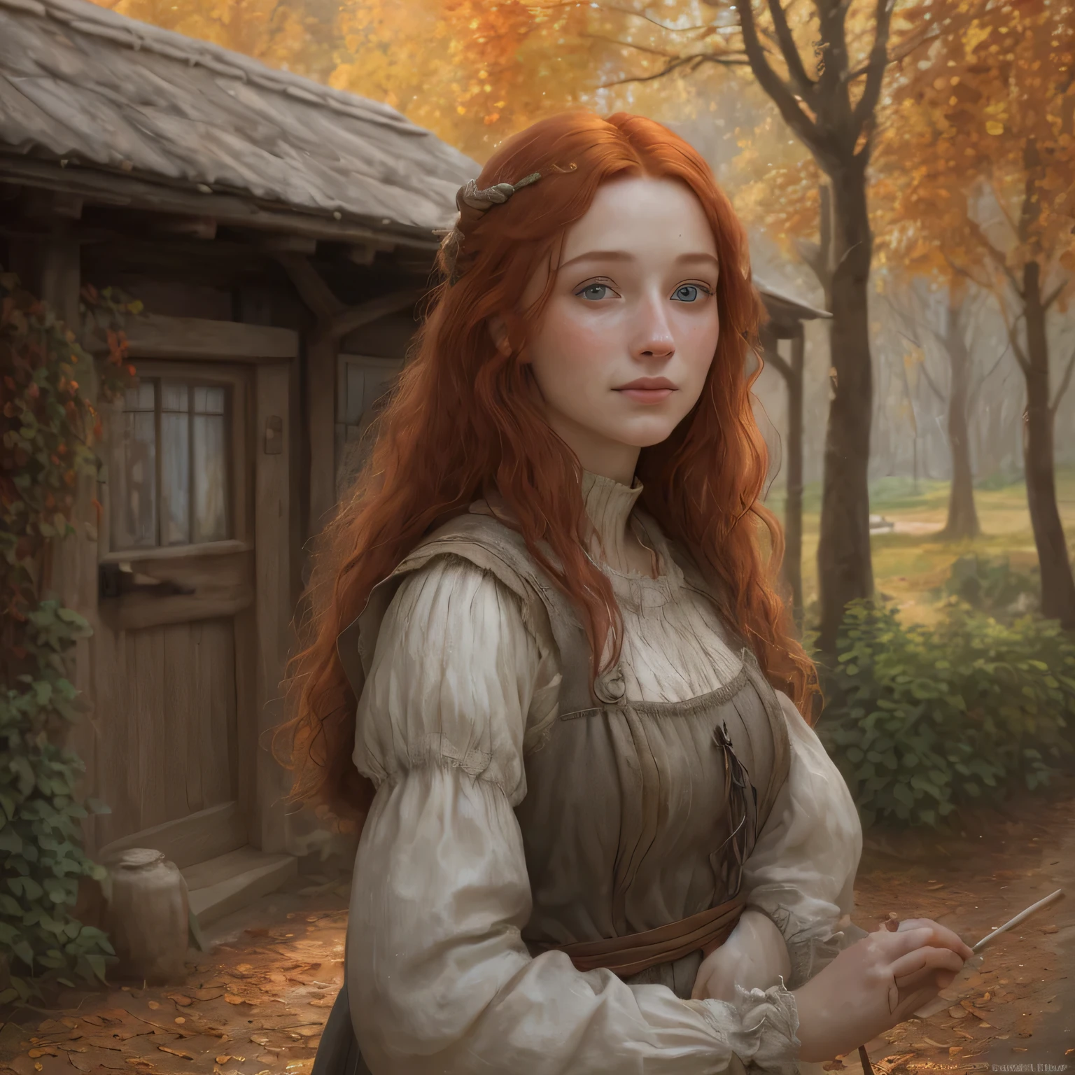 young woman,red-haired,blue-eyed,simple medieval peasant clothes,drawn with a pencil or charcoal,medium:detailed and realistic shading,light and shadows,ultra-detailed,hair flowing in the wind,natural and organic feel,the sunlight illuminating her face,soft and warm color palette,portrait format,close-up shot,expressive eyes,gentle smile,background of a rustic countryside cottage,falling leaves in the air,rustic textures in the clothing and surroundings,warm and cozy atmosphere,impressionist style with delicate brushstrokes,subtle hints of vibrant autumn colors,masterpiece:1.2,high-res:4k,majestic and serene expression