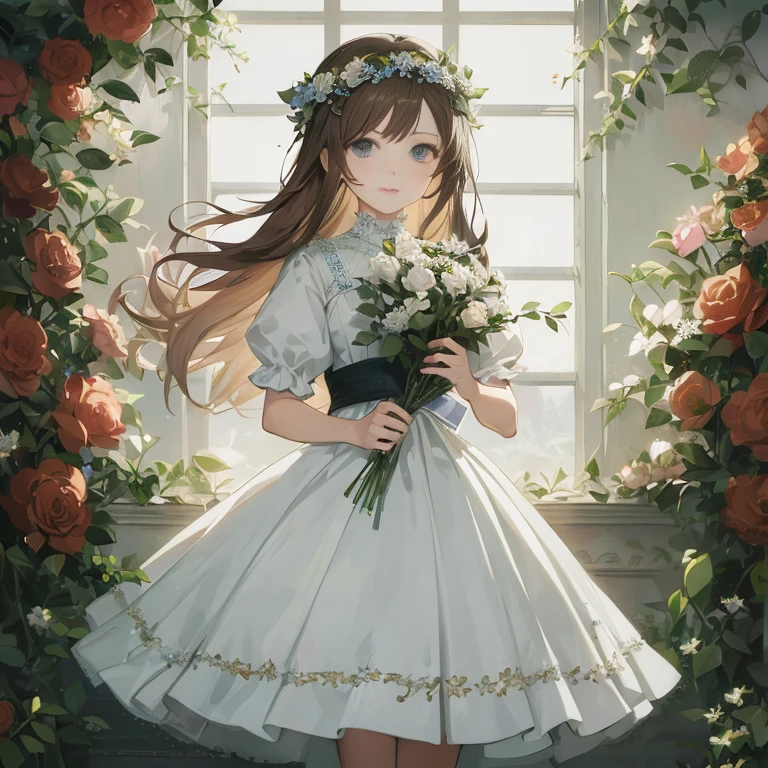 anime girl in white dress holding flowers in front of window,  in dress, guweiz on pixiv artstation, portrait of lolita, guweiz, guweiz on artstation pixiv, cute anime waifu in a nice dress, guweiz masterpiece, with flowers, marin kitagawa fanart, queen of flowers, official artwork, beautiful maiden