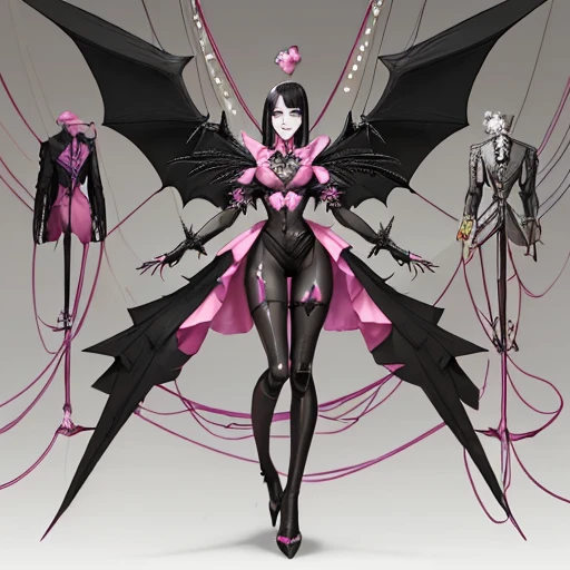 A male  ventriloquist's dummy with a long nose, pale face, big smile, slightly spiky black hair, black and pink armor, triangle-shaped core in the center of the chest, large cardboard wings, suspended in the air, with wires holding it up, large stature ,Cannon on the left arm, White high heels,Very eccentric and petty personality, greedy,roller coaster atmosphere