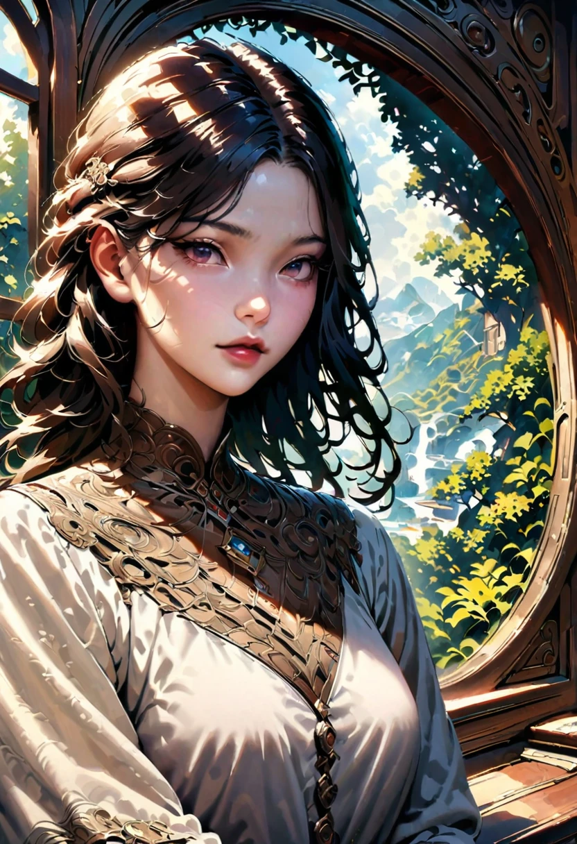 girl, by window, outdoor, realistic, detailed background, (masterpiece, best quality, perfect composition, very aesthetic, absurdres, ultra-detailed, intricate details, Professional, official art, Representative work:1.3), (Animagine:0.01)