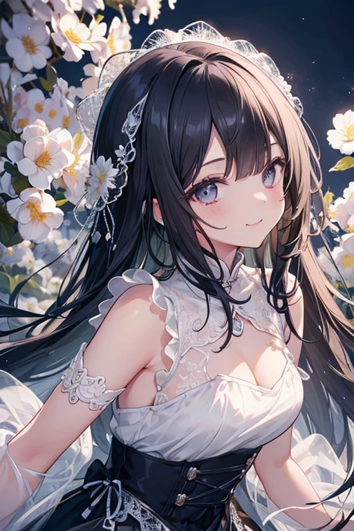 best quality、tmasterpiece、ultra high resolution、actual、1 girl、Glossy skin、((Surreal detailed))、Global photo、8K、Highly complex details、shinning eyes、Black straight hair、highkey、pureerosfaceace_v1、A smile、Elegant pose、White ultra-thin transparent lace、Lots of flowers in the background