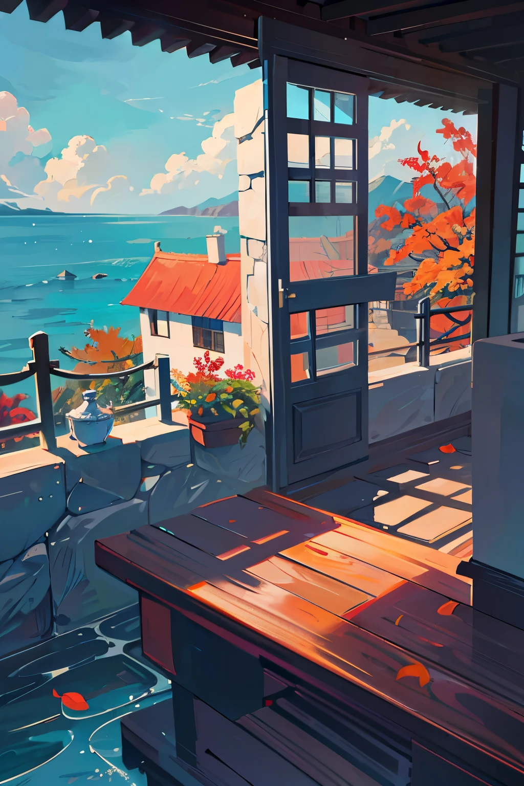 There is a painting of a house with a view of the ocean - SeaArt AI
